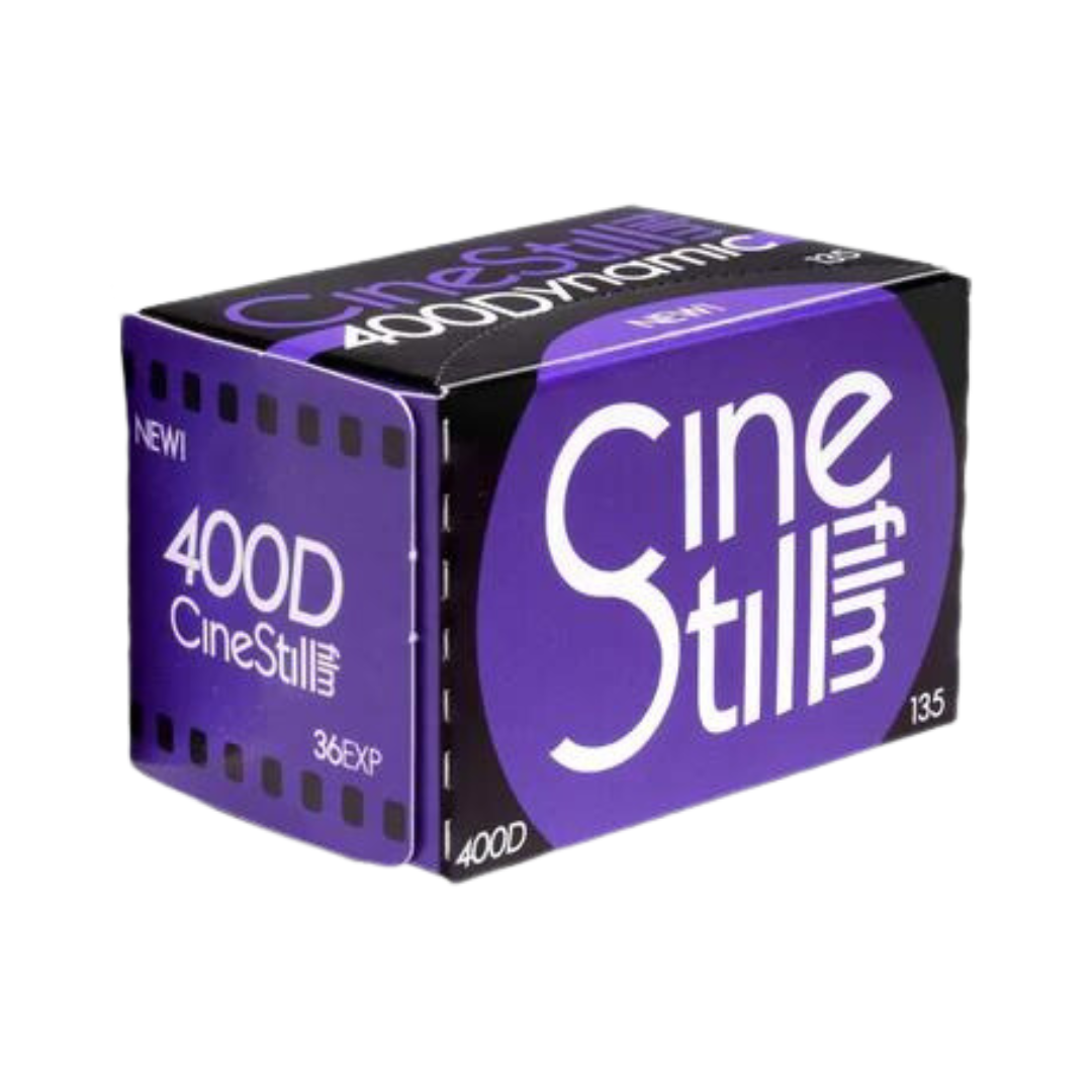 Purple box of 35mm colour negative film roll, Cinestill 400D with 36 exposures