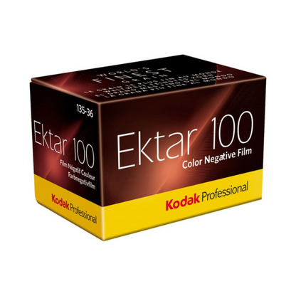 A black and yellow box of Kodak Ektar 100 35mm colour negative film with 36 exposures