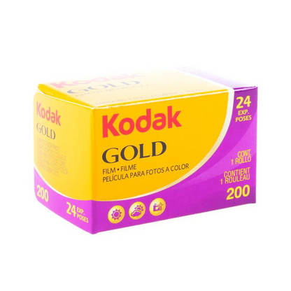 A purple and yellow box of Kodak Gold 200 35mm colour negative film with 24 exposures