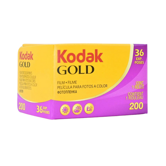 A purple and yellow box of Kodak Gold 200 35mm colour negative film with 36 exposures