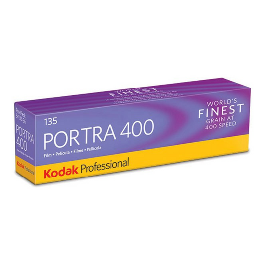 A purple and yellow box of Kodak Portra 400 35mm colour negative film with 36 exposures