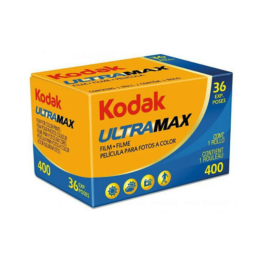 A blue and yellow box of Kodak Ultramax 400 35mm colour negative film with 36 exposures