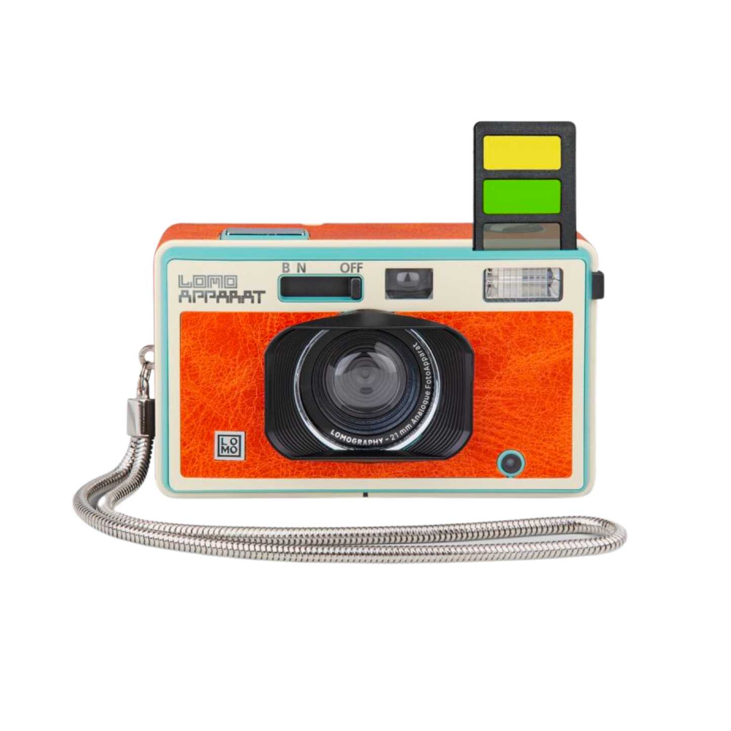 Lomography Lomo Apparat Neubeau special edition 35mm camera in orange and blue with a white background