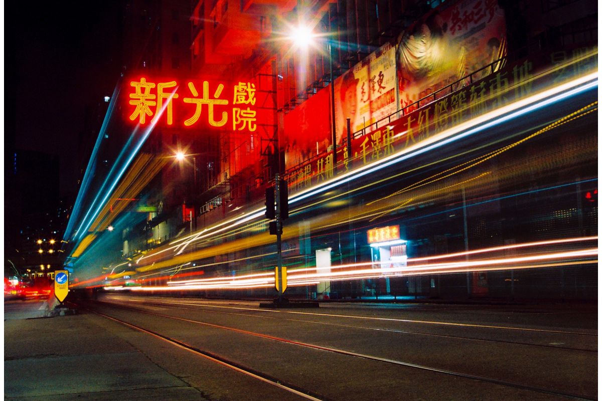 long exposure of street lights, cars and neon signs