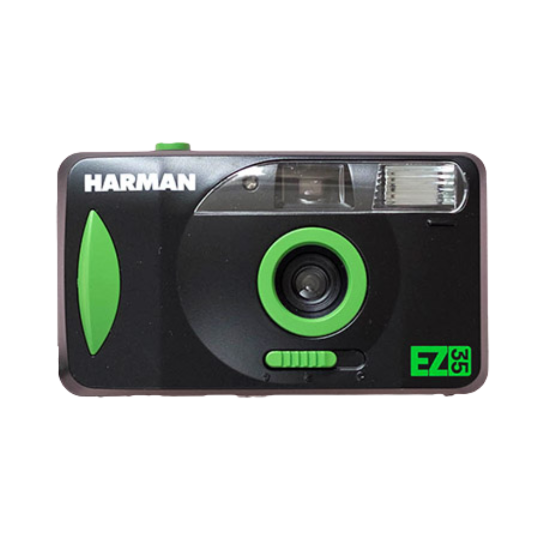 Harman EZ35 35mm compact film camera motorised in black and green