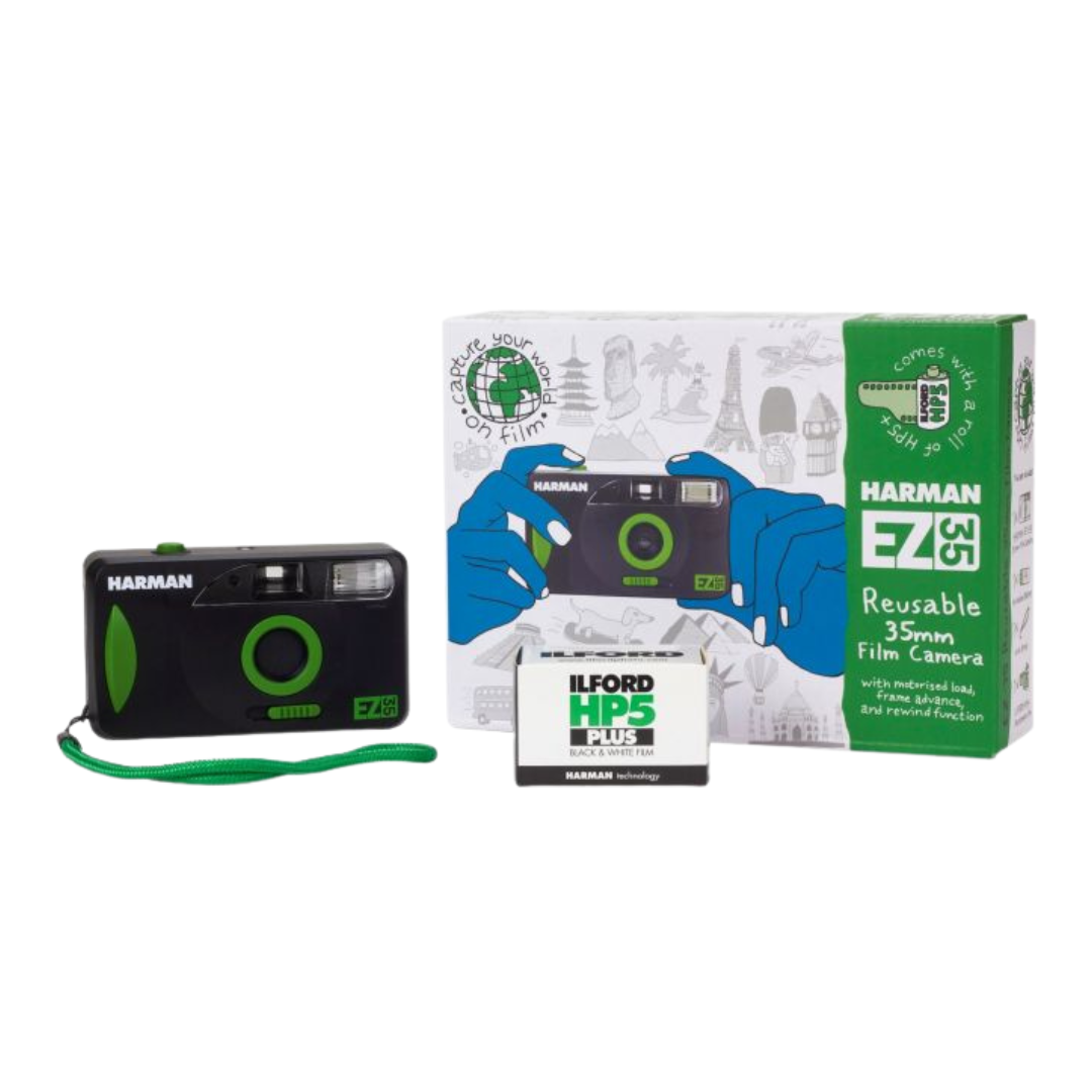 Harman EZ35 35mm compact film camera motorised in its box with a roll of Ilford HP5 Plus  in black and green